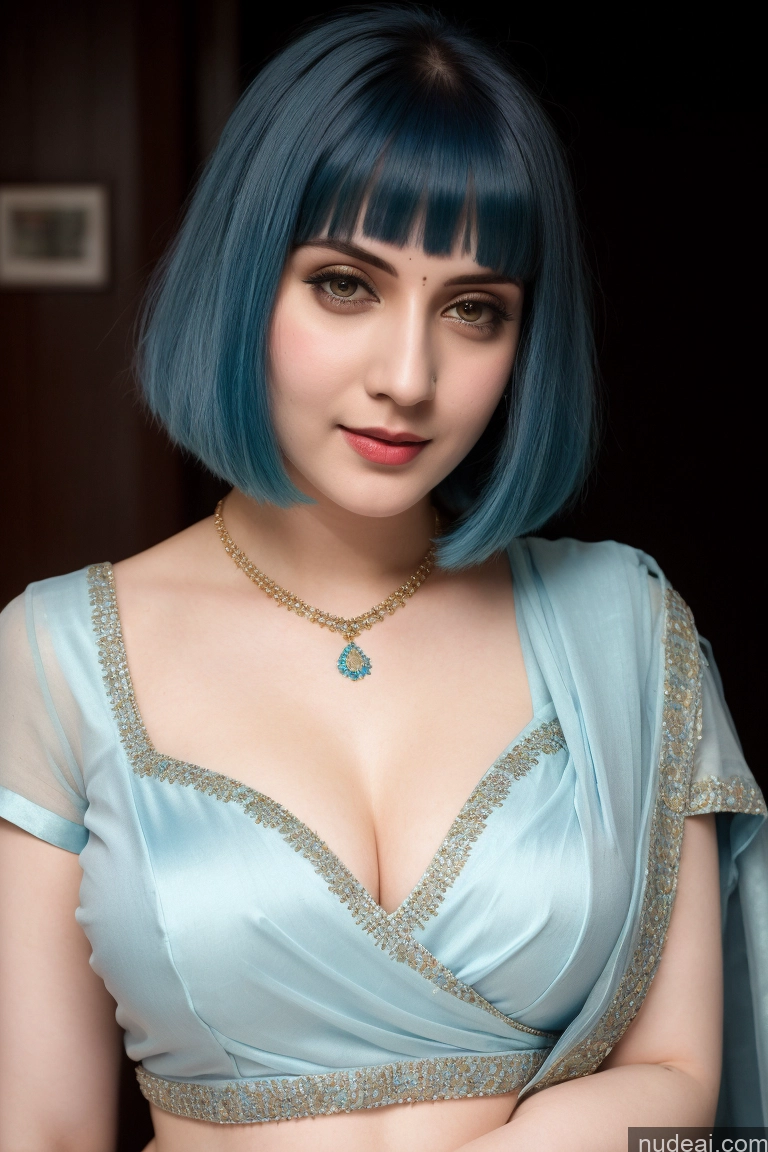 ai nude image of arafed woman with blue hair and a blue dress posing for a picture pics of Indian Fairer Skin Blouse Sari Blue Hair Detailed Perfect Boobs Bobcut