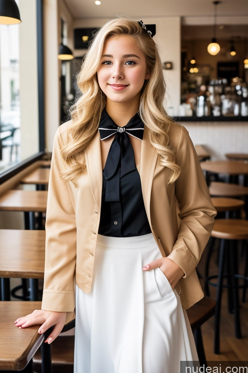 ai nude image of blonde woman in a black shirt and white skirt posing for a picture pics of Woman 18 Blonde Cafe Blouse Bows Jacket Long Skirt Tie