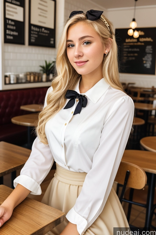 ai nude image of blonde woman in a white shirt and skirt sitting at a table pics of Woman 18 Blonde Cafe Blouse Bows Jacket Long Skirt Tie