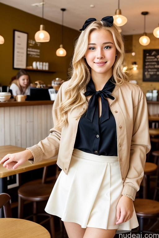 ai nude image of blonde woman in a black shirt and white skirt posing for a picture pics of Woman 18 Blonde Cafe Blouse Bows Jacket Long Skirt Tie