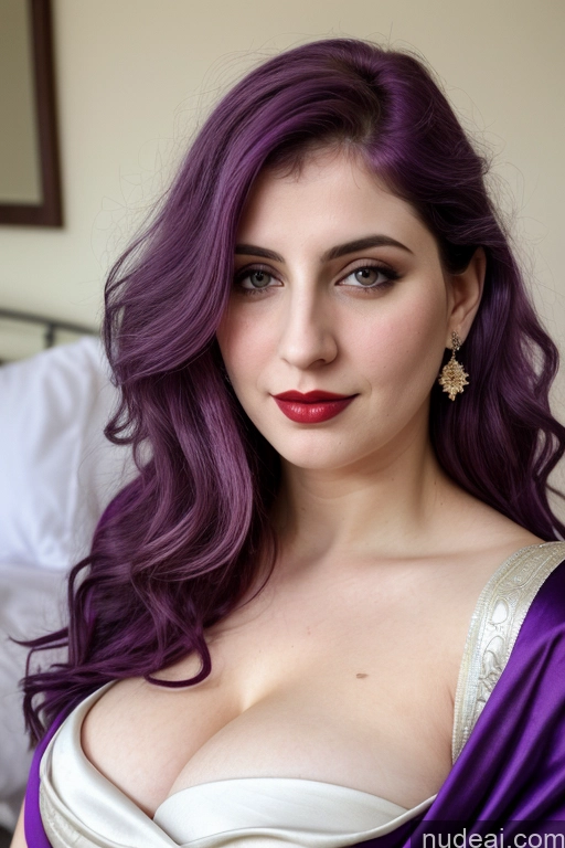 ai nude image of arafed woman with purple hair and a purple dress posing for a picture pics of Jewish Fairer Skin Busty Lipstick Purple Hair Messy Blouse Sari