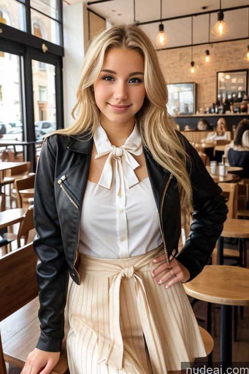 ai nude image of blond woman in a white shirt and a black jacket posing for a picture pics of Woman 18 Blonde Cafe Blouse Bows Jacket Long Skirt Tie Perfect Boobs