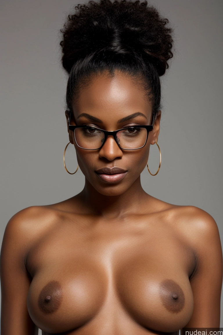 ai nude image of arafed woman with glasses and a big breast posing for a picture pics of Perfect Boobs Beautiful Glasses Pubic Hair Serious Front View Nude Dark Lighting Tall Miss Universe Model 40s African