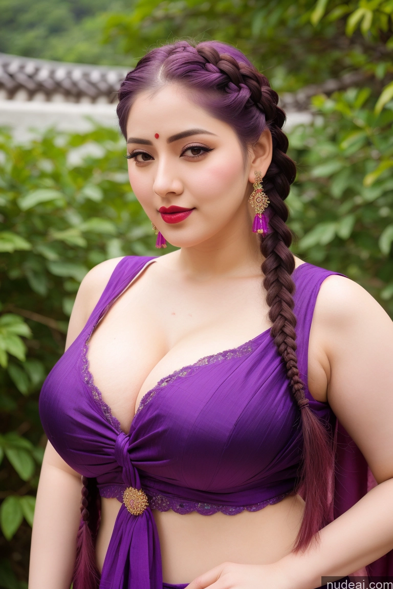 ai nude image of araffe asian woman in purple dress posing for a picture pics of Fairer Skin Busty Lipstick Purple Hair Big Hips Braided Korean Salwar