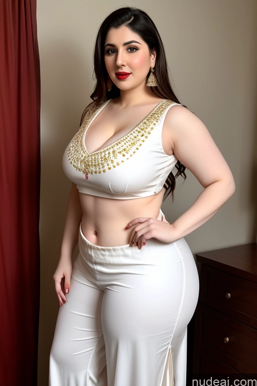 ai nude image of araffe woman in white pants and a gold top posing for a picture pics of Fairer Skin Busty Lipstick Big Hips Salwar Big Ass