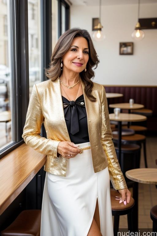 ai nude image of woman in gold jacket and white skirt standing in a restaurant pics of Woman 60s Brunette Cafe Bows Jacket Long Skirt Blouse Tie Diamond Jewelry Gold Jewelry Jewelry Pearl Jewelry