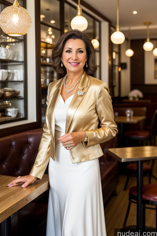 ai nude image of arafed woman in a white dress and gold jacket standing in a restaurant pics of Woman 60s Brunette Cafe Bows Jacket Long Skirt Blouse Tie Diamond Jewelry Gold Jewelry Jewelry Pearl Jewelry