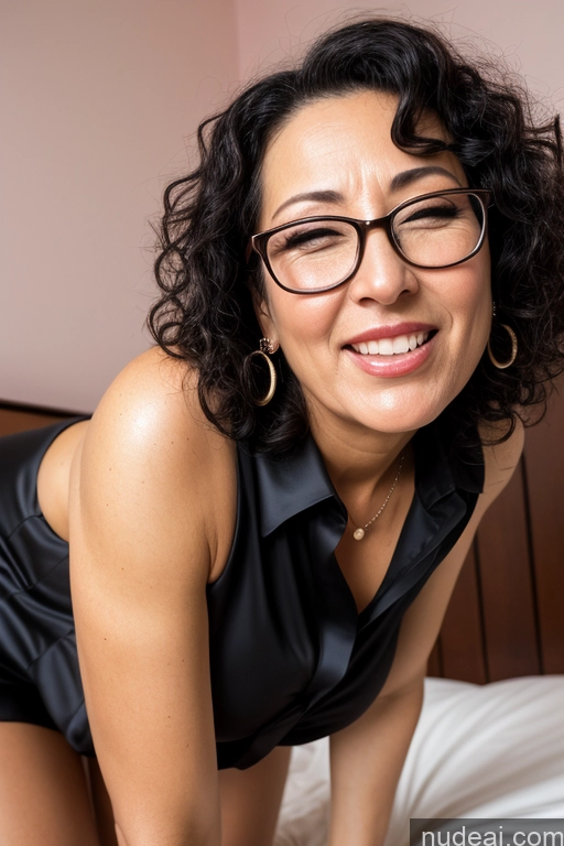 ai nude image of smiling woman in glasses and black shirt on bed with white sheets pics of Milf One Glasses Short Orgasm Sexy Face Black Hair Curly Hair Italian Film Photo Bedroom Front View High Heels Jewelry 50s Suit Cumshot Blouse Dress