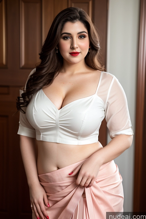 ai nude image of araffe woman in a white bra top and pink skirt posing for a picture pics of Lipstick Big Hips Fairer Skin Perfect Boobs Blouse Sari