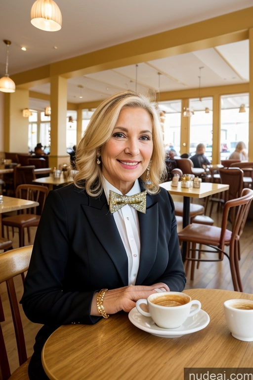 ai nude image of blond woman sitting at a table with a cup of coffee pics of Woman 70s Blonde Cafe Blouse Bow Tie Bows Jacket Long Skirt Tie Diamond Jewelry Gold Jewelry Jewelry Pearl Jewelry