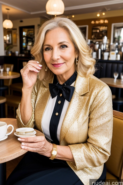 ai nude image of blond woman sitting at a table with a cup of coffee pics of Woman 70s Blonde Cafe Blouse Bow Tie Bows Jacket Long Skirt Tie Diamond Jewelry Gold Jewelry Jewelry Pearl Jewelry