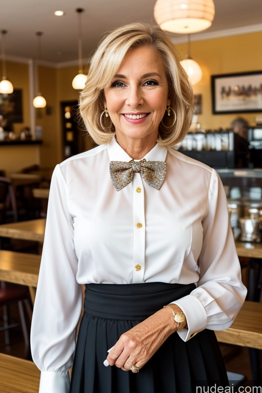 ai nude image of blond woman in a white shirt and black skirt with a bow tie pics of Woman 70s Blonde Cafe Blouse Bow Tie Bows Jacket Long Skirt Tie Diamond Jewelry Gold Jewelry Jewelry Pearl Jewelry