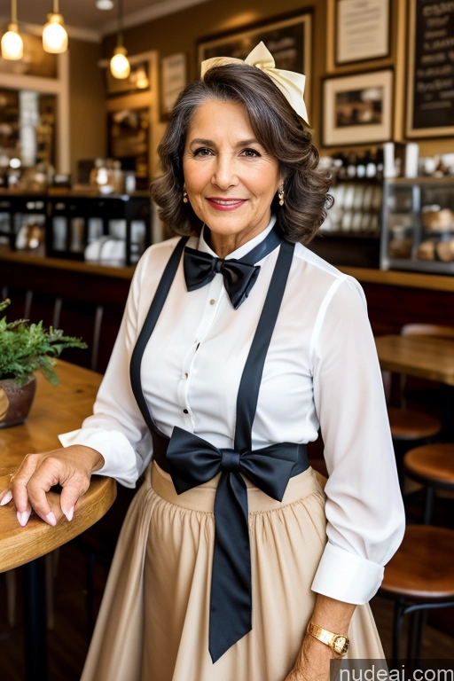 ai nude image of woman in a white shirt and black bow tie standing in front of a table pics of Woman 70s Brunette Cafe Blouse Bow Tie Bows Jacket Long Skirt Tie Diamond Jewelry Gold Jewelry Jewelry Pearl Jewelry