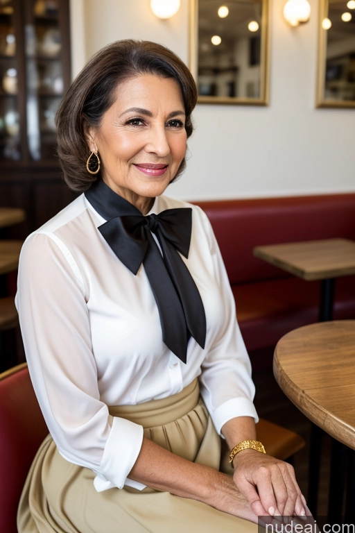 ai nude image of smiling woman sitting in a restaurant with a black bow tie pics of Woman 70s Brunette Cafe Blouse Bow Tie Bows Jacket Long Skirt Tie Diamond Jewelry Gold Jewelry Jewelry Pearl Jewelry