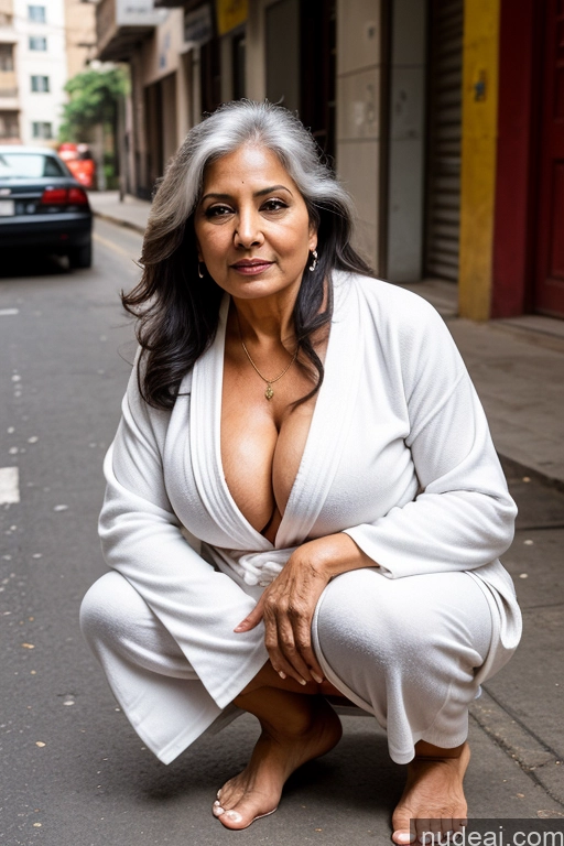 ai nude image of there is a woman kneeling on the street with a white robe pics of Milf One Busty Big Ass 70s Sexy Face Long Hair Indian Street Bathrobe Squatting