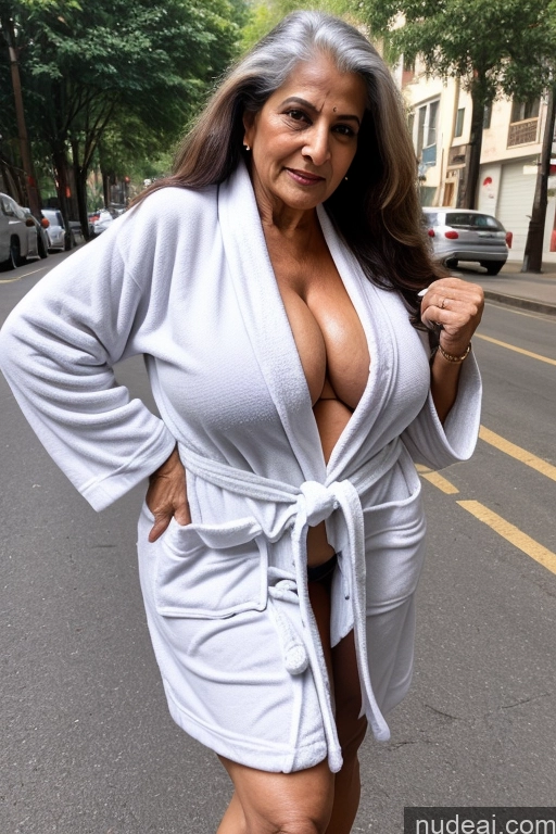 ai nude image of araffe woman in a white robe posing for a picture pics of Milf One Busty Big Ass 70s Sexy Face Long Hair Indian Street Bathrobe Working Out