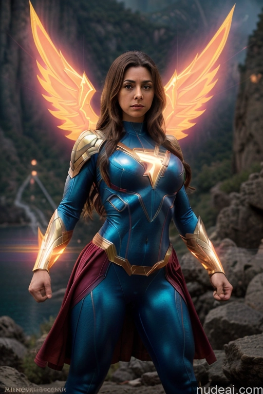 ai nude image of a woman in a blue costume with wings standing on rocks pics of Mary Thunderbolt Powering Up Superhero Cosplay Neon Lights Clothes: Red Busty Small Tits Abs Science Fiction Style Dynamic View Muscular Superheroine Has Wings