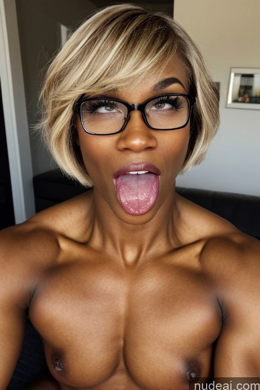 ai nude image of a close up of a woman with glasses sticking out her tongue pics of Bodybuilder Glasses Skinny Tall Pubic Hair Dark Skin 70s Shocked Ahegao Blonde Short Hair