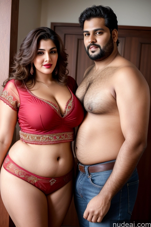 ai nude image of there is a man and a woman posing for a picture pics of Two Indian Seductive Woman + Man Perfect Boobs Beautiful Lipstick Pubic Hair Perfect Body Chubby 50s Blouse