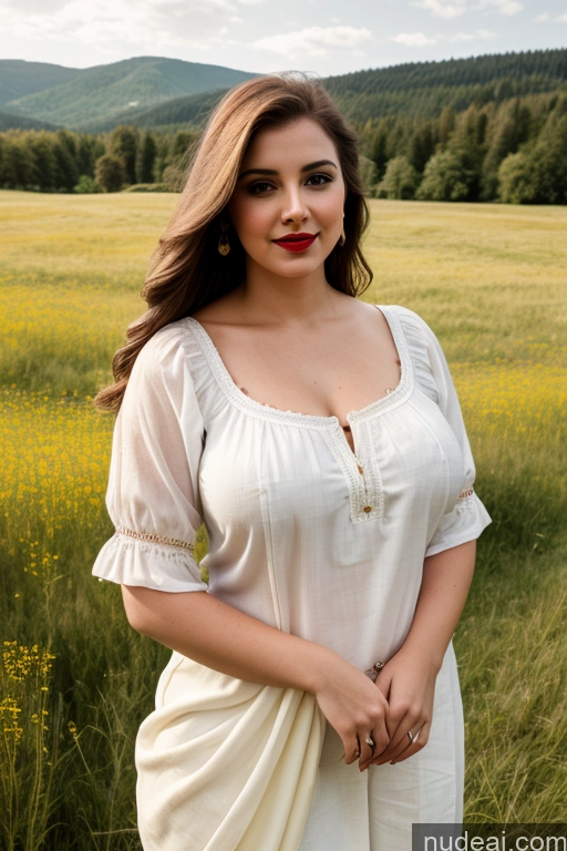 ai nude image of araffe woman in a white dress standing in a field of grass pics of Dutch Blouse Sari Beautiful Lipstick Fairer Skin Meadow Busty