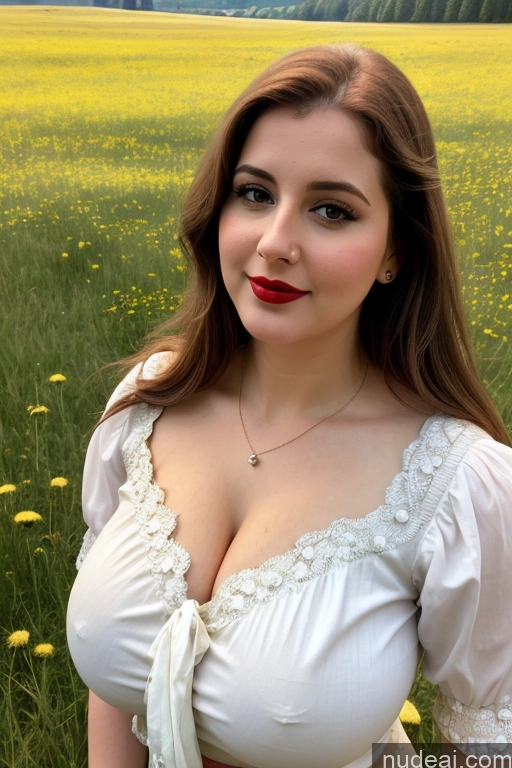 ai nude image of there is a woman in a white dress posing in a field pics of Dutch Blouse Sari Beautiful Lipstick Fairer Skin Meadow Busty Big Hips