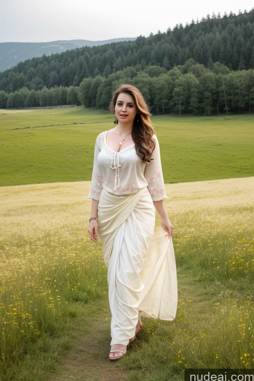 ai nude image of araffe woman in a white dress walking in a field pics of Dutch Blouse Sari Beautiful Fairer Skin Meadow Busty Big Ass