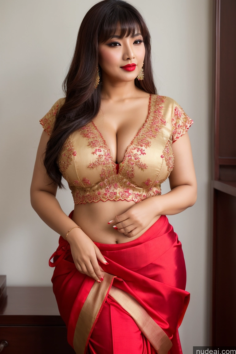 ai nude image of araffe woman in a red sari posing for a picture pics of Chinese Blouse Sari Busty Lipstick Big Hips Bangs