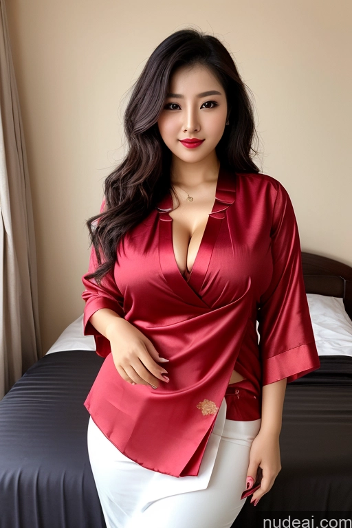 ai nude image of araffe woman in red shirt and white skirt posing on bed pics of Chinese Blouse Sari Busty Lipstick Big Hips Messy Beautiful