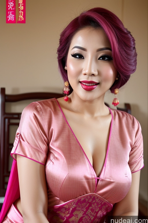 ai nude image of arafed asian woman in pink dress sitting on a bed pics of Orgasm Lipstick Spreading Legs Blouse Sari Chinese Pink Hair