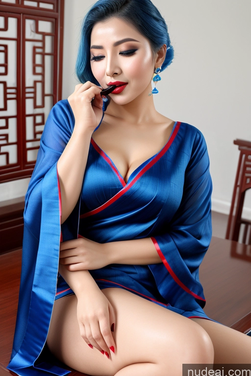 ai nude image of there is a woman sitting on a table talking on a cell phone pics of Orgasm Lipstick Spreading Legs Blouse Sari Chinese Blue Hair