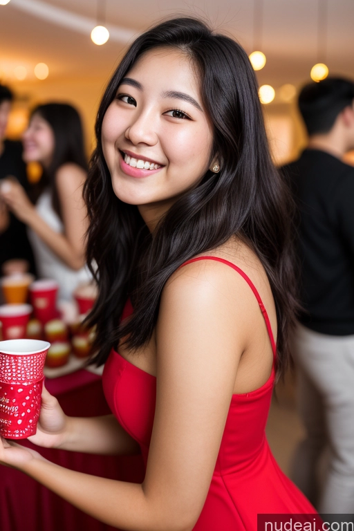 ai nude image of smiling woman in red dress holding a cup of coffee pics of Woman One 18 Black Hair Korean Dress Front View Party Happy