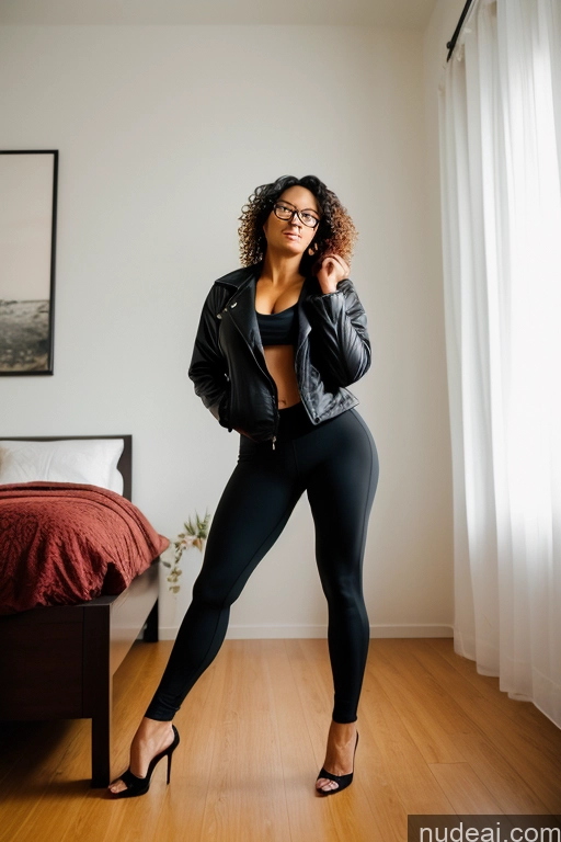 ai nude image of there is a woman in a black jacket and black pants posing for a picture pics of Woman One Glasses Orgasm Serious Sexy Face Seductive Black Hair Italian Film Photo Bedroom High Heels Yoga Pants Front View Short 70s Curly Hair Jacket