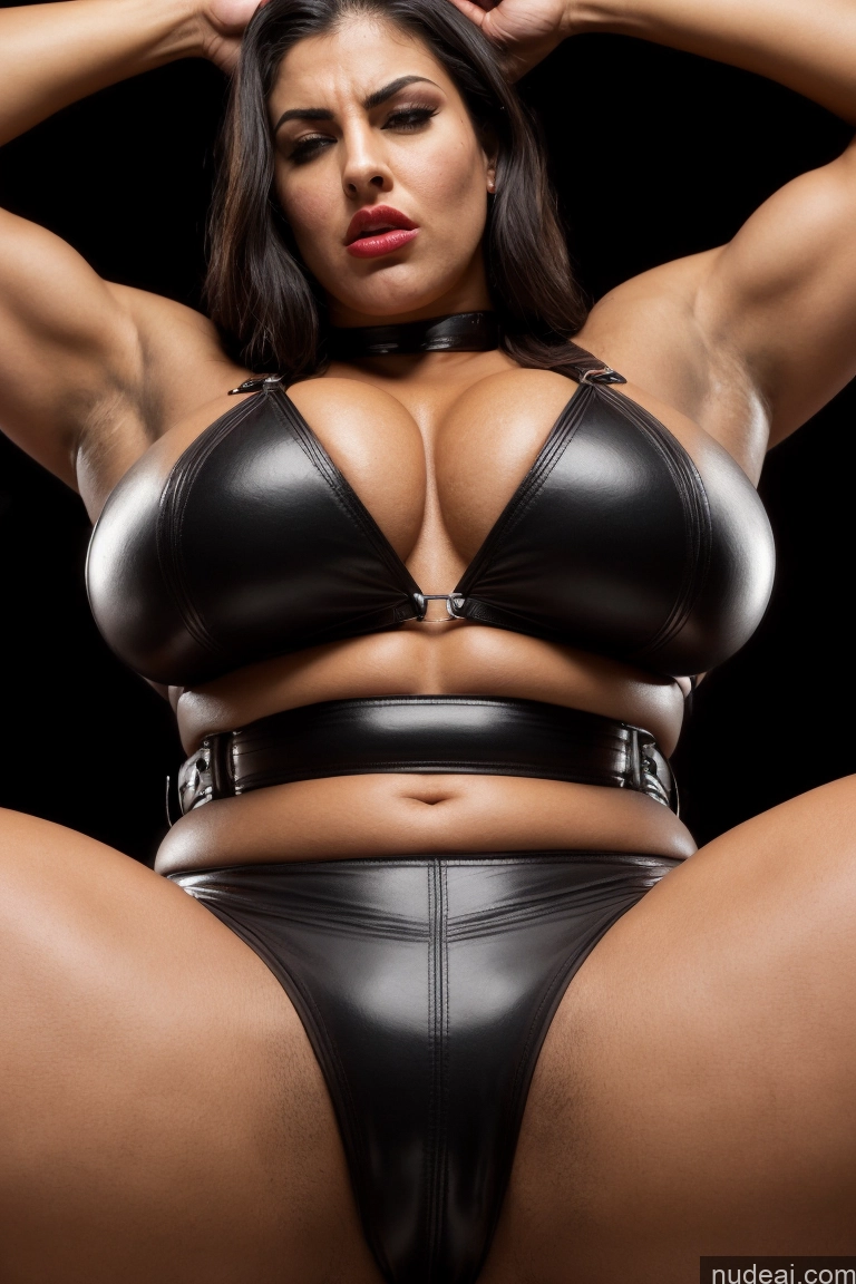 ai nude image of araffe woman in a black leather bikini posing for a picture pics of Bodybuilder One Huge Boobs Tattoos Muscular Big Ass Abs Chubby Thick Big Hips Long Legs Tall Pubic Hair Black Hair Angry Pouting Lips Straight Jewish Bdsm Dominatrix Stockings Suspender Belt Transparent