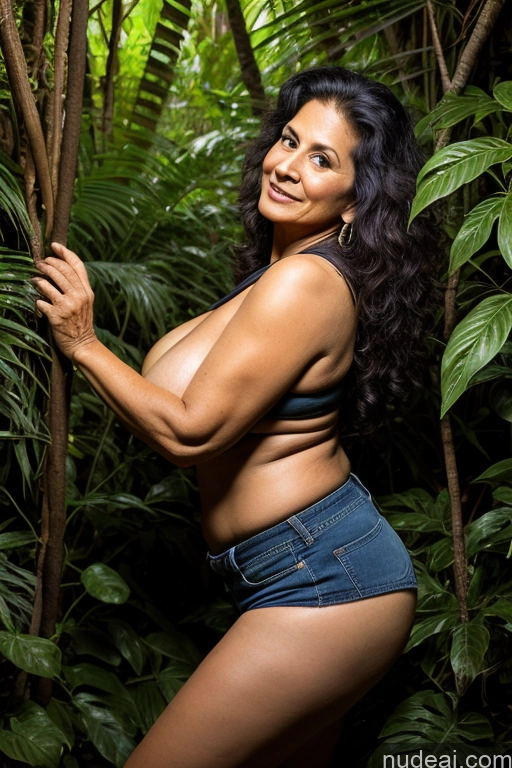 ai nude image of araffe woman in a bikini posing in a jungle pics of Milf One Busty Big Ass Long Hair Indian Jeans Short Shorts Cleavage Jungle Dark Lighting On Back 70s