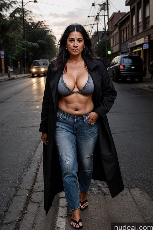 Milf One Busty Long Hair Indian Street 70s Dark Lighting Cleavage Oversized Clothing Coat Bikini Jeans