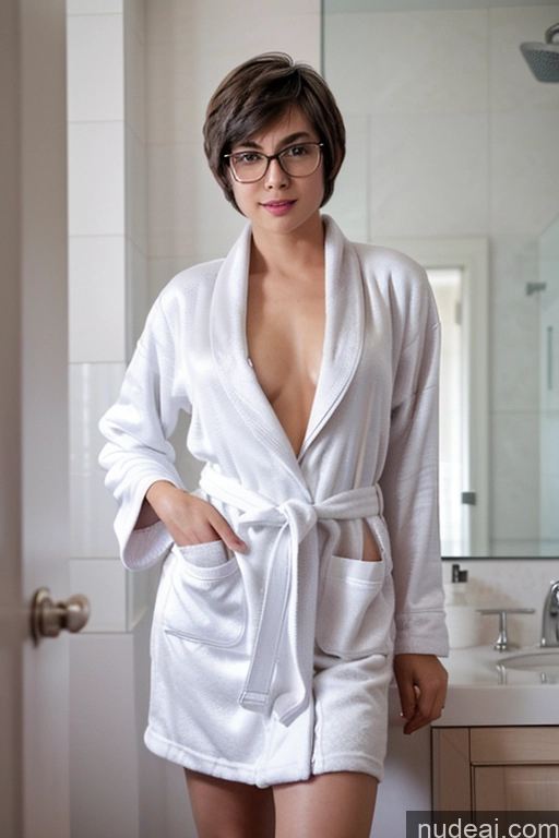 ai nude image of arafed woman in a white robe standing in front of a bathroom mirror pics of Miss Universe Model One Perfect Boobs Small Tits Beautiful Glasses Perfect Body Pubic Hair 40s Short Hair Thai Bathroom Bathrobe Dark Lighting