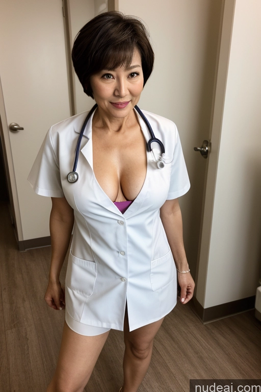 ai nude image of arafed woman in a white lab coat and pink bra pics of Small Tits Beautiful Perfect Body Pubic Hair Hospital Blouse Doctor Lab Coat Nurse Cleavage Partially Nude Dark Lighting 60s Milf Short Hair Korean