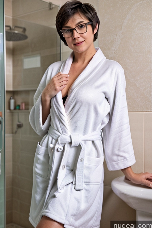 ai nude image of there is a woman in a robe standing in a bathroom pics of One Perfect Boobs Small Tits Beautiful Glasses Perfect Body Pubic Hair 40s Short Hair Thai Bathroom Bathrobe Dark Lighting Milf