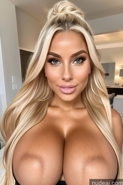 ai nude image of a close up of a woman with big tits posing for a picture pics of Pajamas Huge Boobs Pigtails Blonde Two 30s Bimbo Front View Tanned Skin Busty Perfect Boobs White