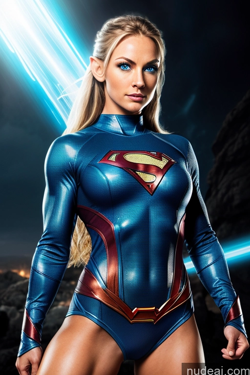 ai nude image of a close up of a woman in a superman suit posing for a picture pics of Superhero Military Muscular Abs Superheroine Powering Up Science Fiction Style WhiteHairBlueEye Dynamic View Deep Blue Eyes