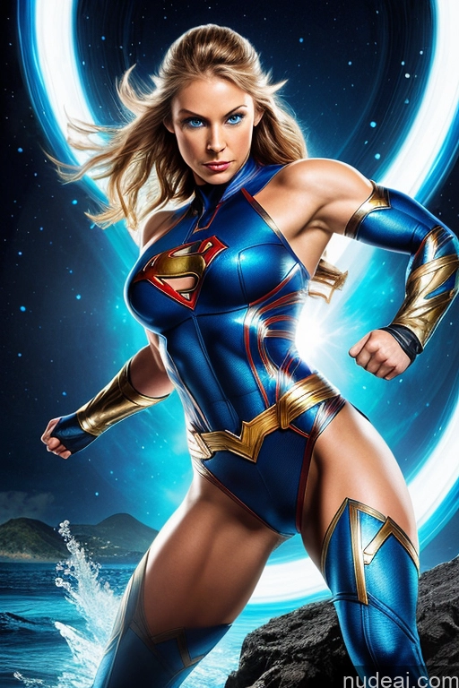 ai nude image of a woman in a blue costume standing on a rock with a blue background pics of Superhero Military Muscular Abs Superheroine Powering Up Science Fiction Style WhiteHairBlueEye Dynamic View Deep Blue Eyes