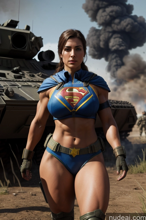 ai nude image of arafed woman in a superman costume walking in front of a tank pics of Military Front View Busty Small Tits Muscular Abs Superheroine Ukraine Battlefield Superhero