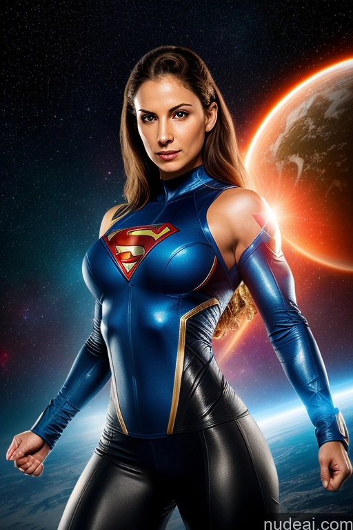 ai nude image of a close up of a woman in a blue costume standing in front of a planet pics of Military Muscular Abs Superheroine Busty Small Tits Israel Superhero Jewish Fairer Skin Powering Up Heat Vision Science Fiction Style Space Dynamic View