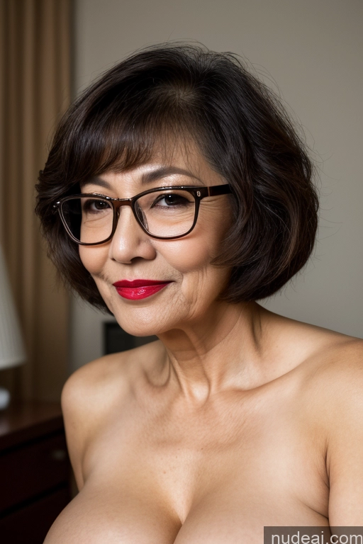 ai nude image of there is a woman with glasses and a red lipstick posing for a picture pics of Milf One Perfect Boobs Small Tits Beautiful Glasses Pubic Hair Perfect Body Lipstick Short Hair Korean Bedroom Handjob Blouse Dark Lighting 70s