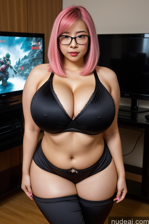 ai nude image of there is a woman in a black bikini and glasses posing for a picture pics of Woman One Busty Huge Boobs Skinny Big Ass Big Hips Short Seductive Cleavage 20s Chinese Bobcut Gaming Pink Hair Glasses Dark Lighting Pajamas