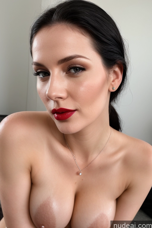 ai nude image of arafed woman with a red lipstick and a necklace on her chest pics of Model One Perfect Boobs Beautiful Lipstick Perfect Body Fairer Skin 30s Black Hair Slicked French Cumshot Simple Jewelry Teacher