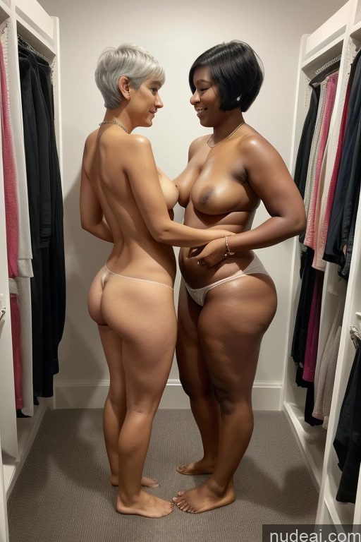 ai nude image of two women in a closet with a mirror and a shelf full of clothes pics of Woman + Man Two Perfect Boobs Small Tits Beautiful Thick Big Hips Big Ass 70s Pubic Hair Dark Skin Sad White Hair Short Hair Malaysian Mirror Selfie Changing Room Front View Nude Topless Jewelry Bright Lighting