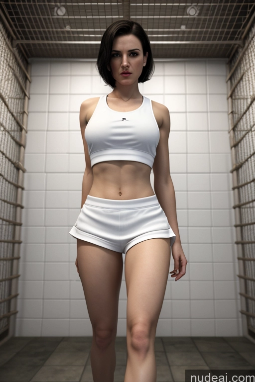 ai nude image of there is a woman in a white top and shorts standing in a jail cell pics of Woman Small Tits Short Fairer Skin Abs Skinny 20s Seductive Angry Black Hair Pixie Italian 3d Prison Front View Spreading Legs Casual Tennis Jeans