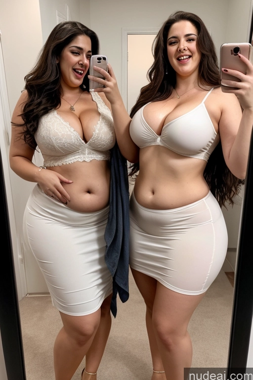 ai nude image of two women in white dresses taking a selfie in a mirror pics of Busty Big Ass Big Hips Long Hair Fairer Skin Blouse Sari Cleavage Laughing Nude Thick 30s Two Mirror Selfie Cumshot Chubby