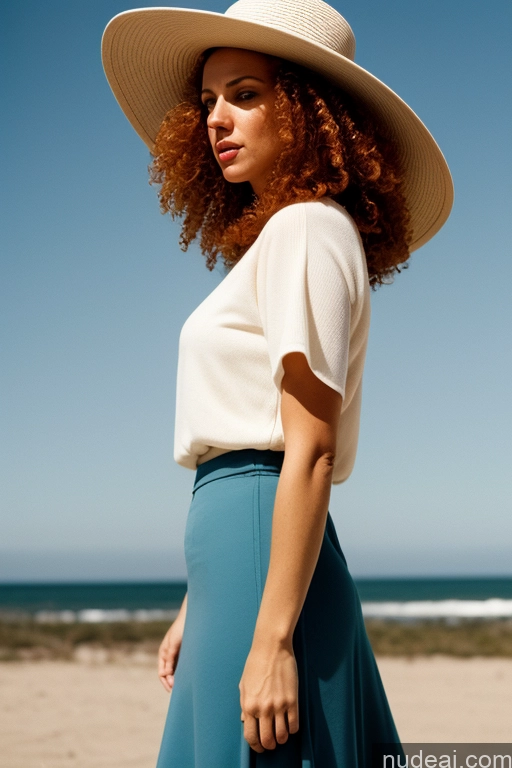 ai nude image of woman with red hair wearing a hat and a blue skirt pics of Woman One 30s Serious Ginger Curly Hair Soft + Warm 60s Big Ass White Front View Hat Long Skirt